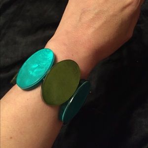 Statement Stretch Bracelet - Teal and Olive Iridescent Oval Disc Design